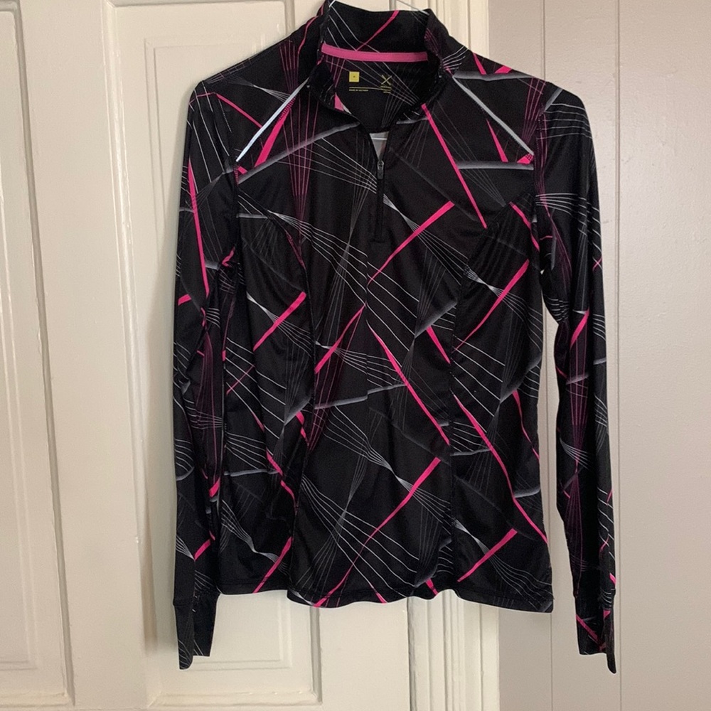 Black and pink patterned work out quarter zip, size Md.